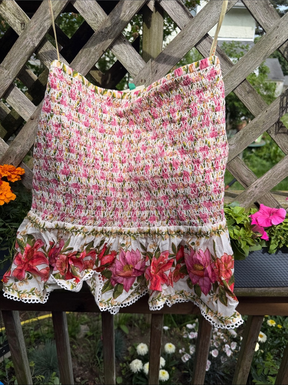 FARM Rio Pink Floral Smocked Mini Skirt with Ruffle Hem